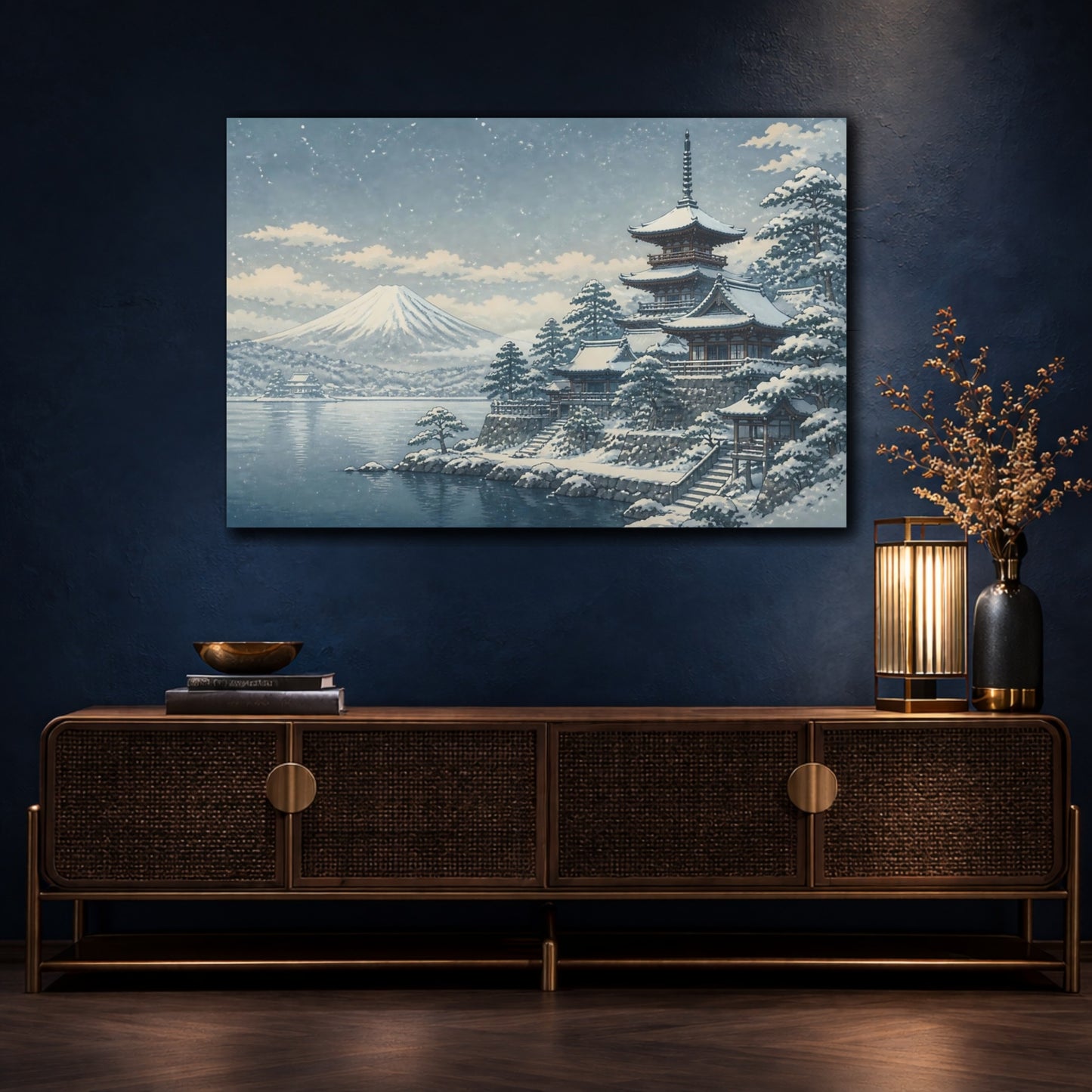 Mockup 4. Snow-Covered Pagoda By Mt. Fuji shown as canvas print