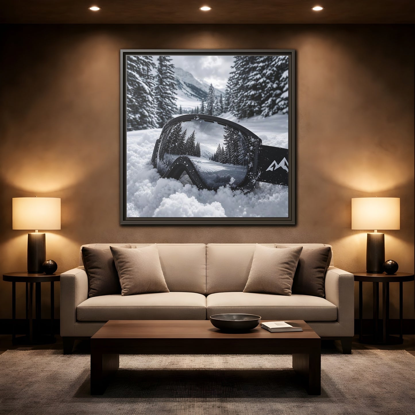 Mockup 2. Snow Goggles Reflection shown as framed canvas print
