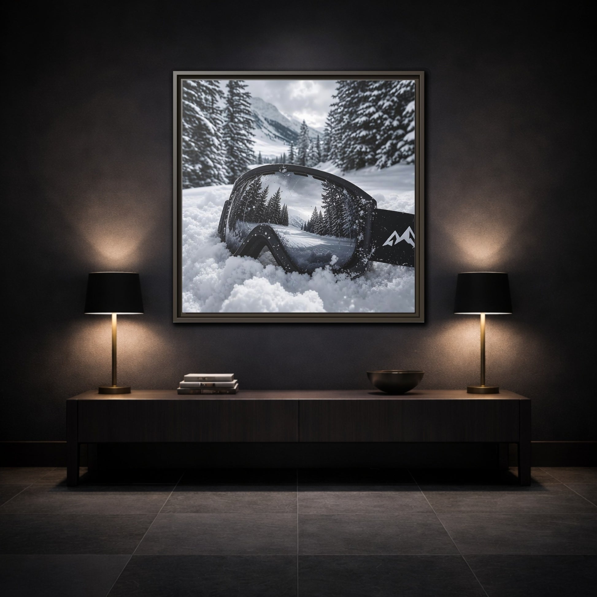 Mockup 3. Snow Goggles Reflection shown as framed canvas print