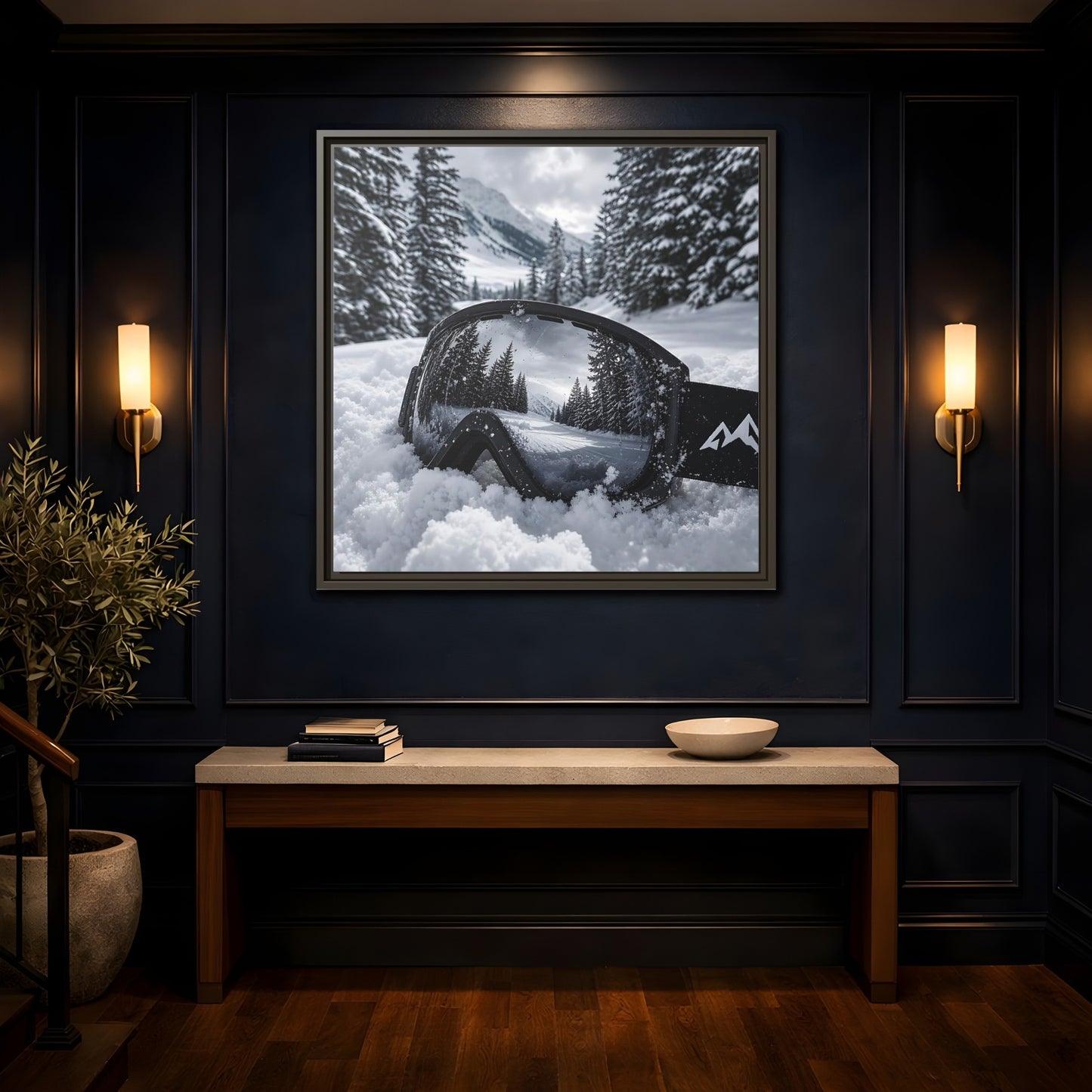 Mockup 4. Snow Goggles Reflection shown as framed canvas print