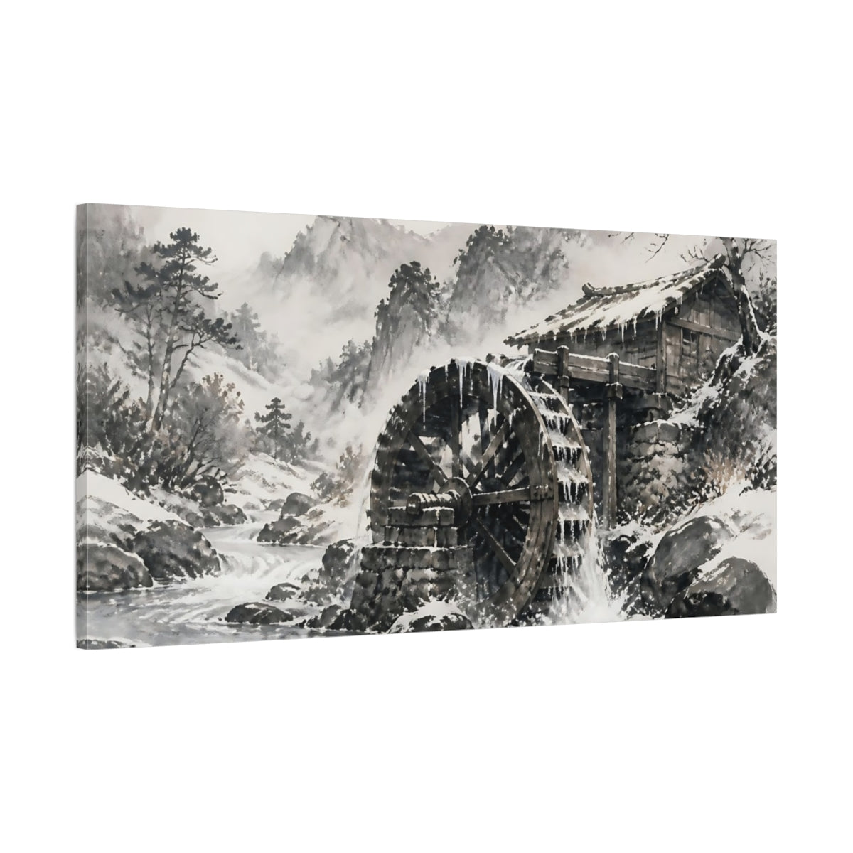 Main Mockup. Snowbound Watermill Wheel shown as canvas print
