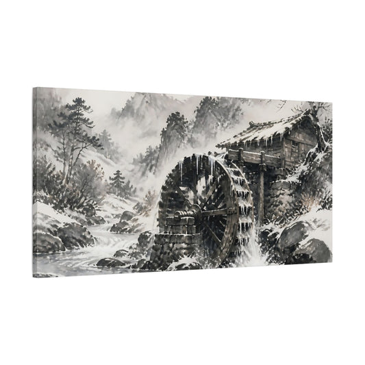 Main Mockup. Snowbound Watermill Wheel shown as canvas print
