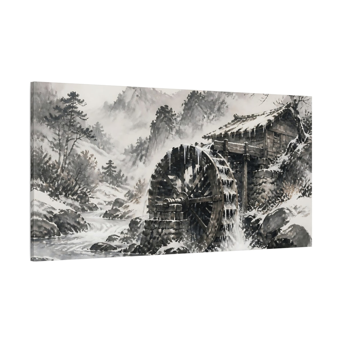 Side Mockup 2. Snowbound Watermill Wheel shown as canvas print