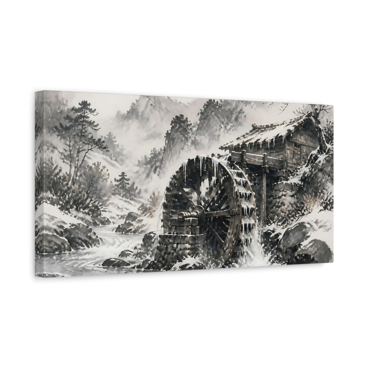 Side Mockup 3. Snowbound Watermill Wheel shown as canvas print