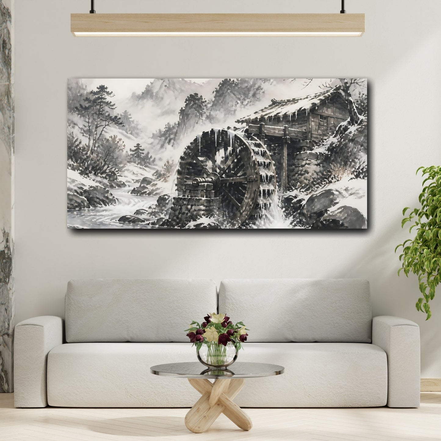 Mockup 2. Snowbound Watermill Wheel shown as canvas print