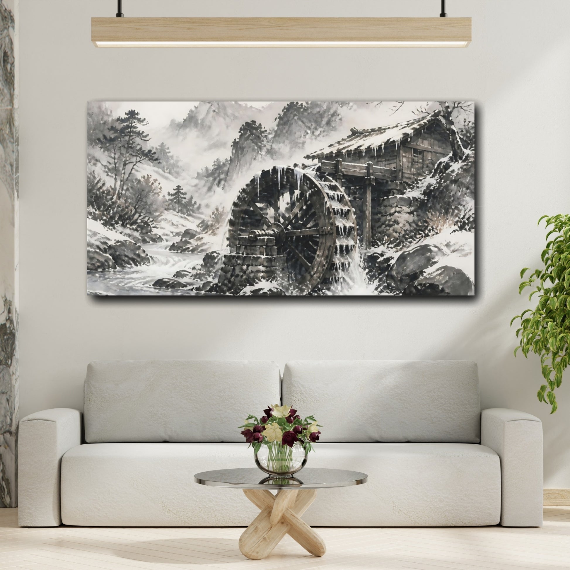 Mockup 2. Snowbound Watermill Wheel shown as canvas print