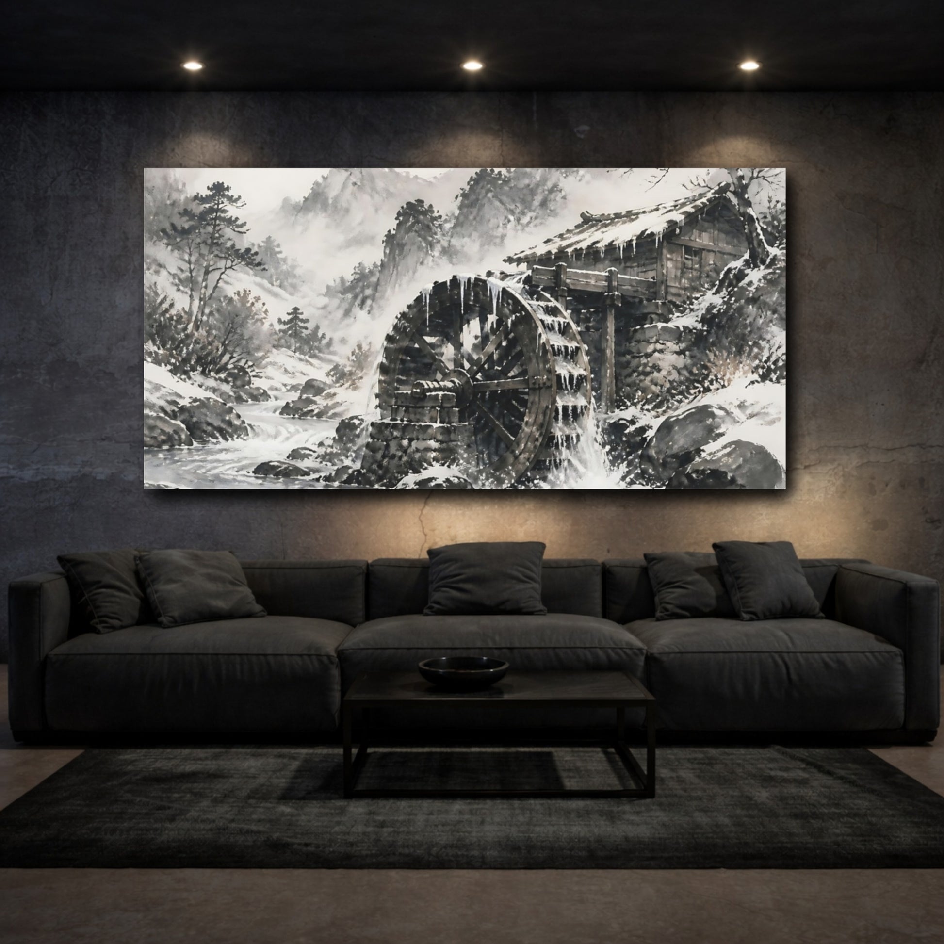 Mockup 3. Snowbound Watermill Wheel shown as canvas print