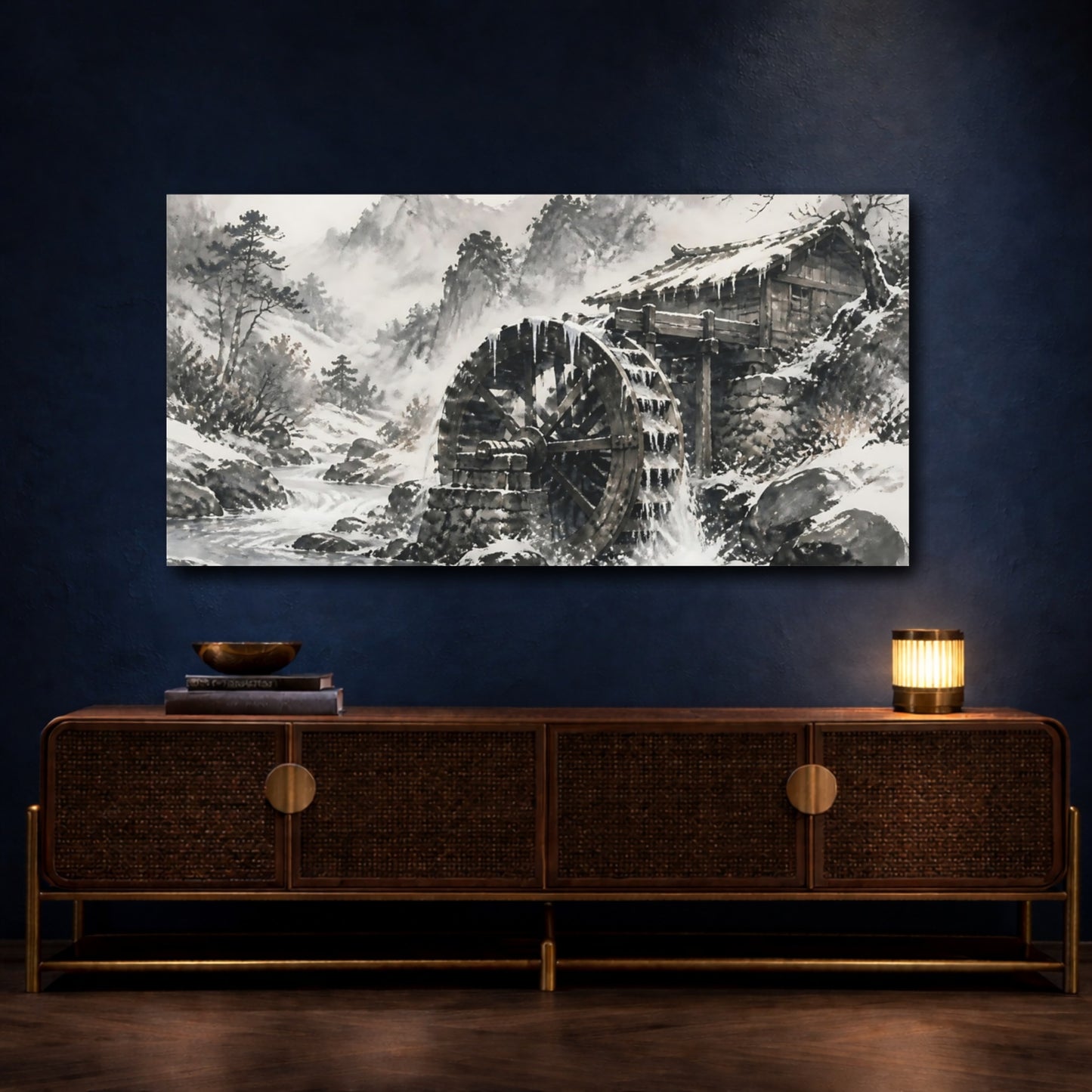 Mockup 4. Snowbound Watermill Wheel shown as canvas print