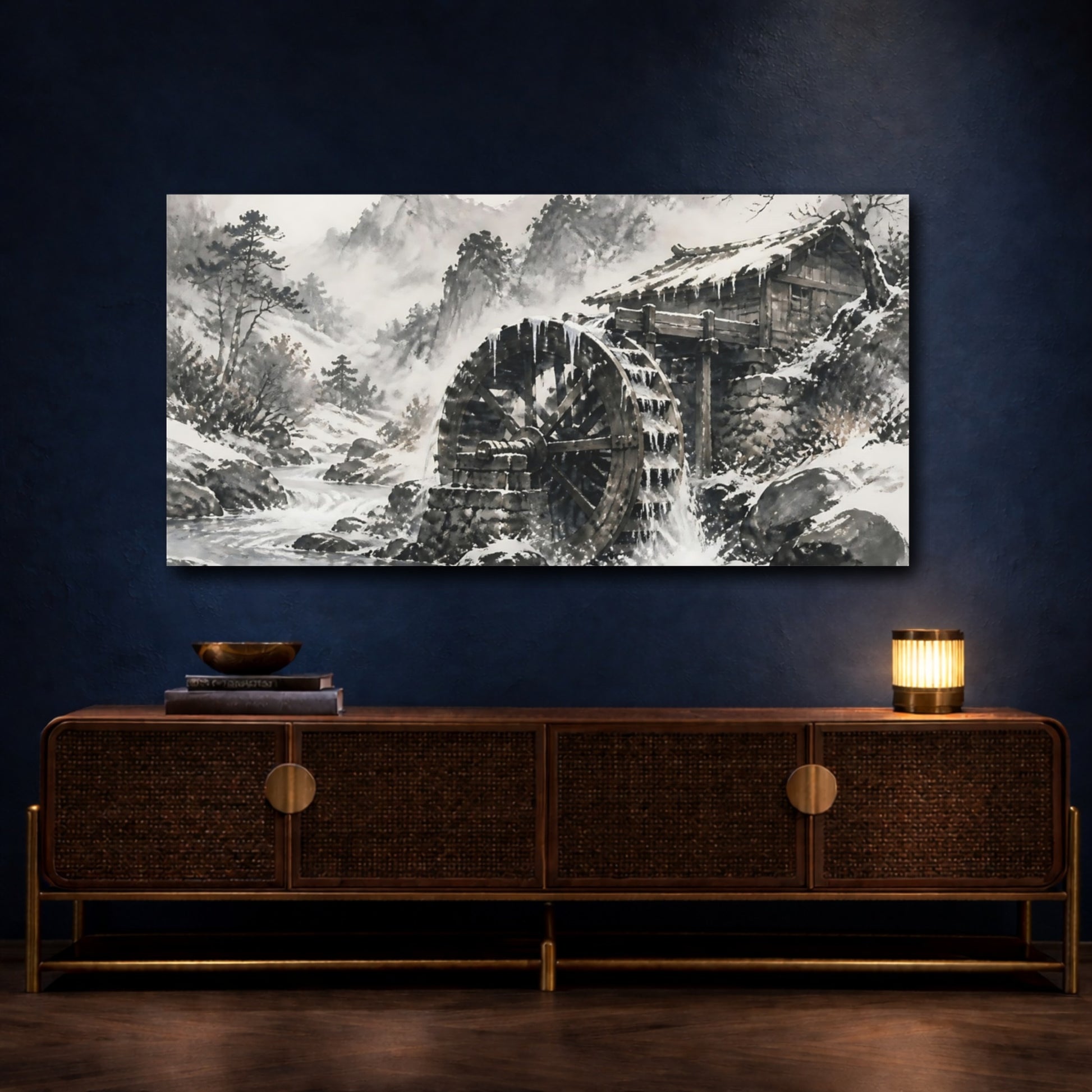 Mockup 4. Snowbound Watermill Wheel shown as canvas print