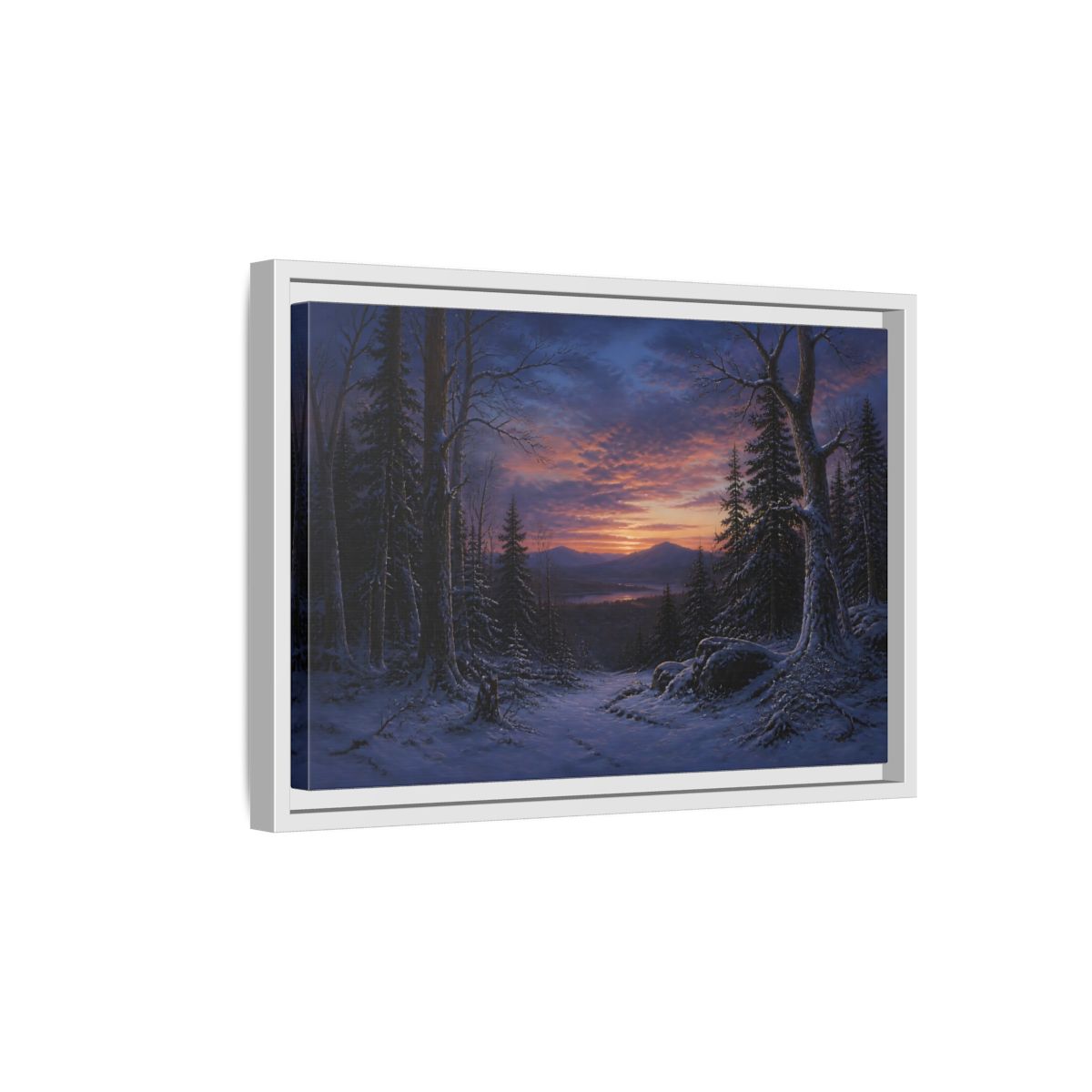 Side Mockup 4. Snowy Forest Sunset shown as framed canvas print