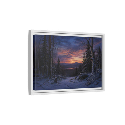 Side Mockup 4. Snowy Forest Sunset shown as framed canvas print