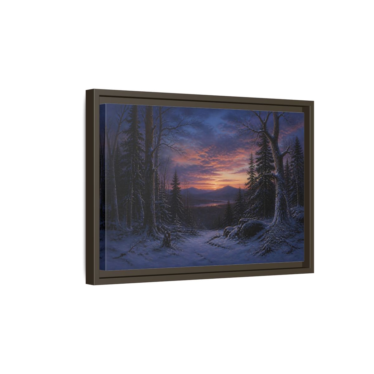 Side Mockup 5. Snowy Forest Sunset shown as framed canvas print