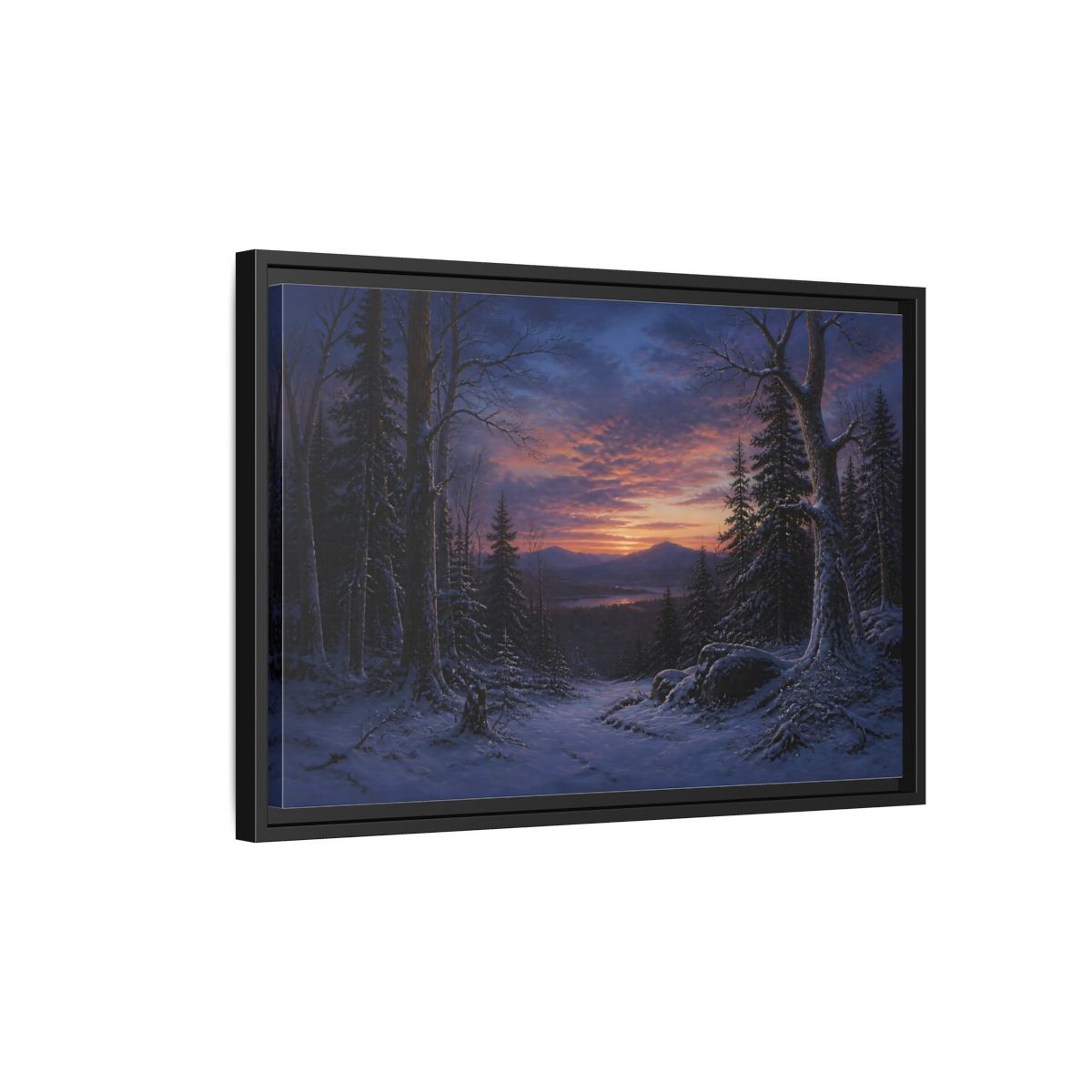 Side Mockup 3. Snowy Forest Sunset shown as framed canvas print