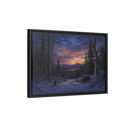Side Mockup 3. Snowy Forest Sunset shown as framed canvas print