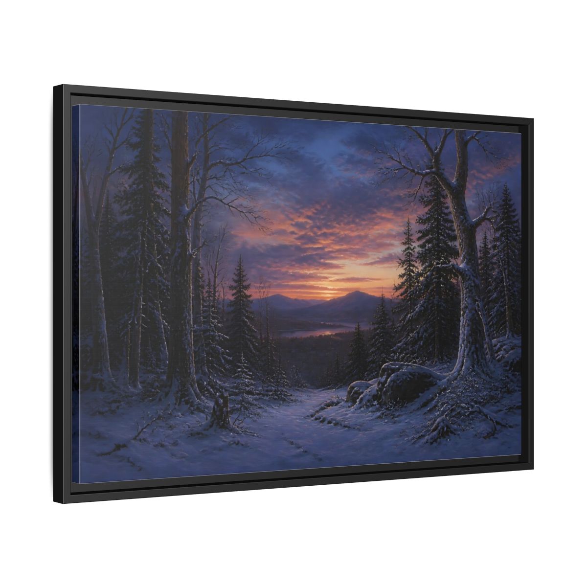 Side Mockup 14. Snowy Forest Sunset shown as framed canvas print