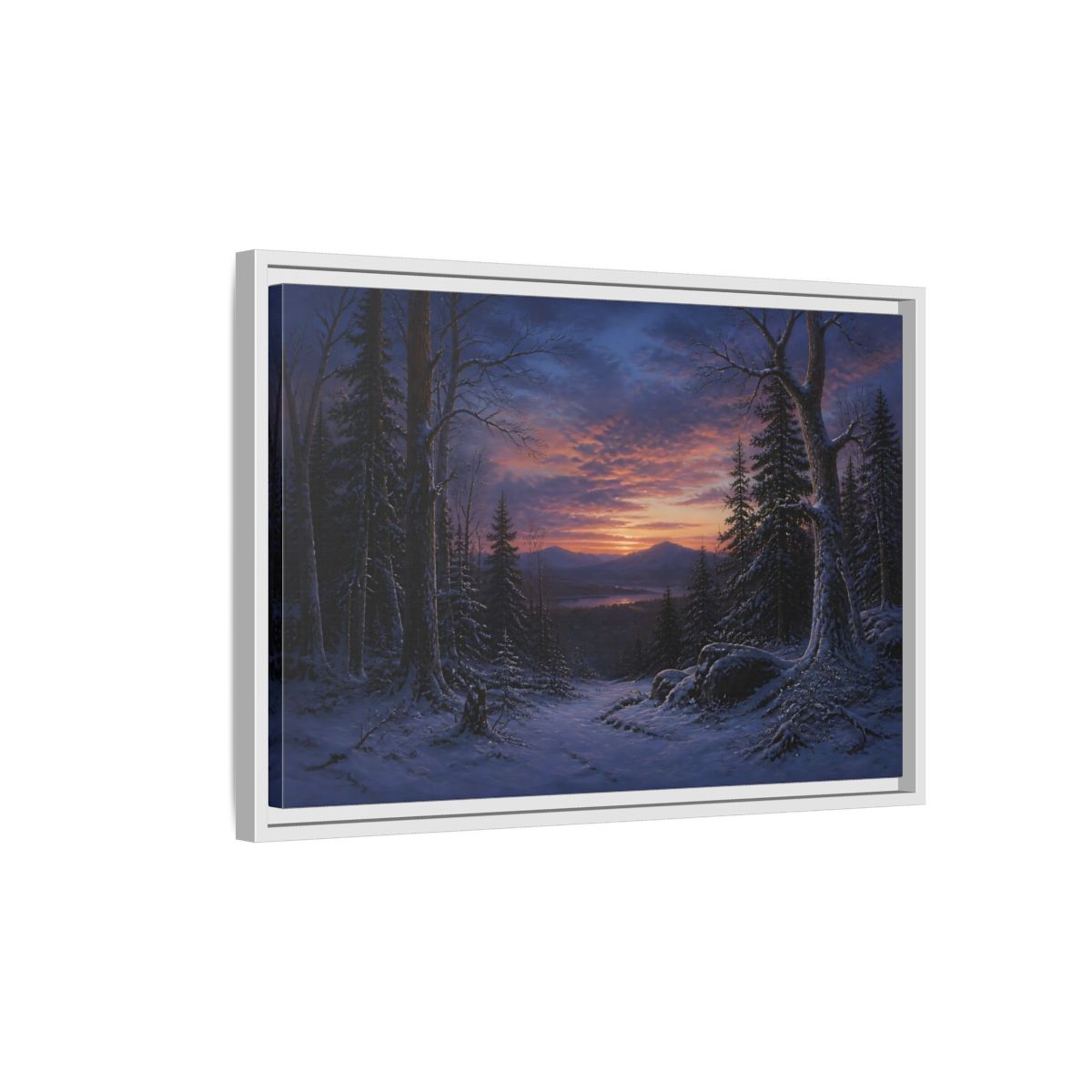 Side Mockup 1. Snowy Forest Sunset shown as framed canvas print