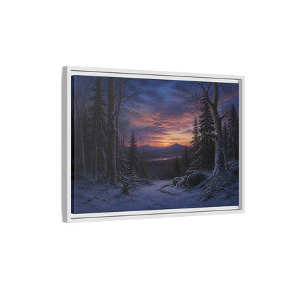 Side Mockup 1. Snowy Forest Sunset shown as framed canvas print