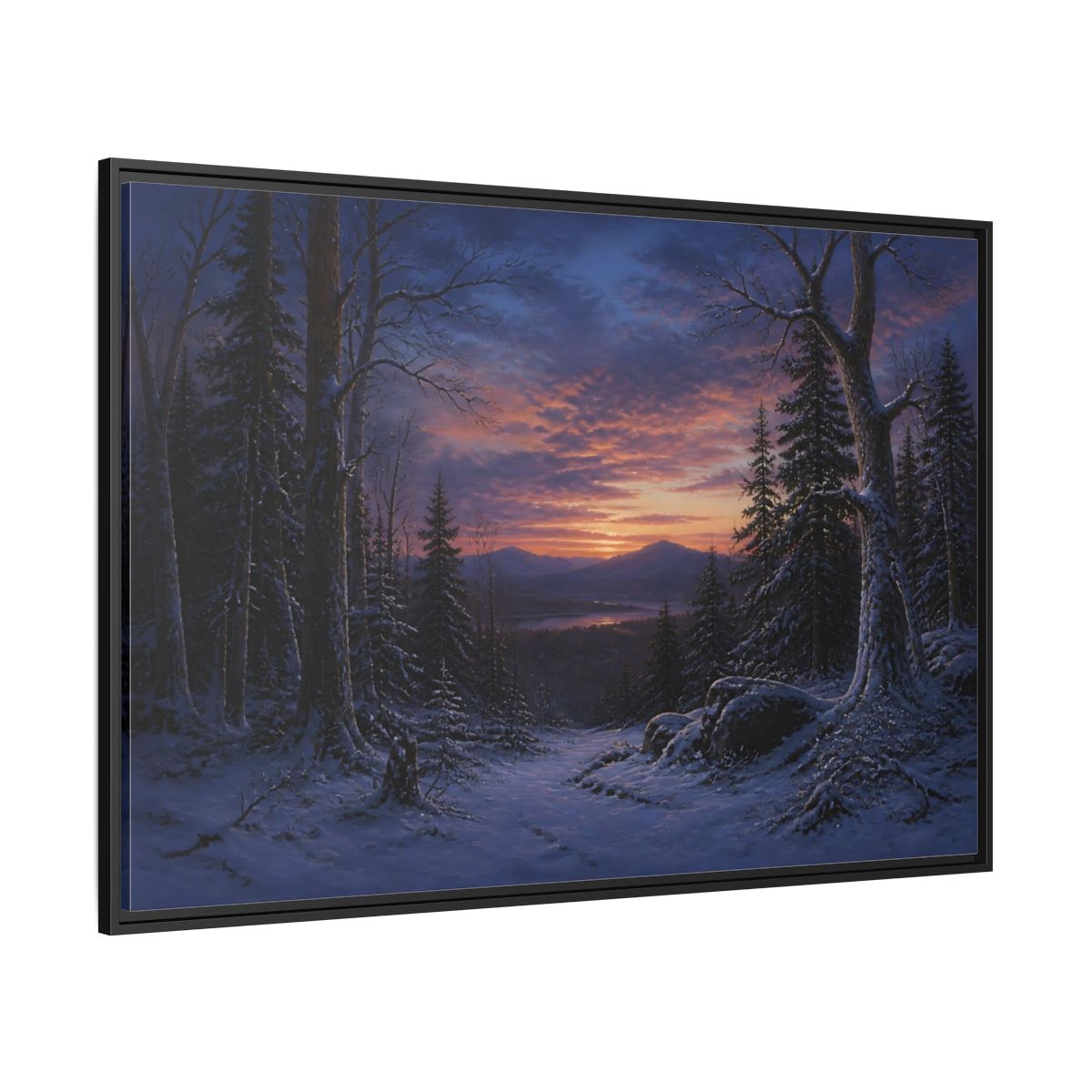 Side Mockup 12. Snowy Forest Sunset shown as framed canvas print
