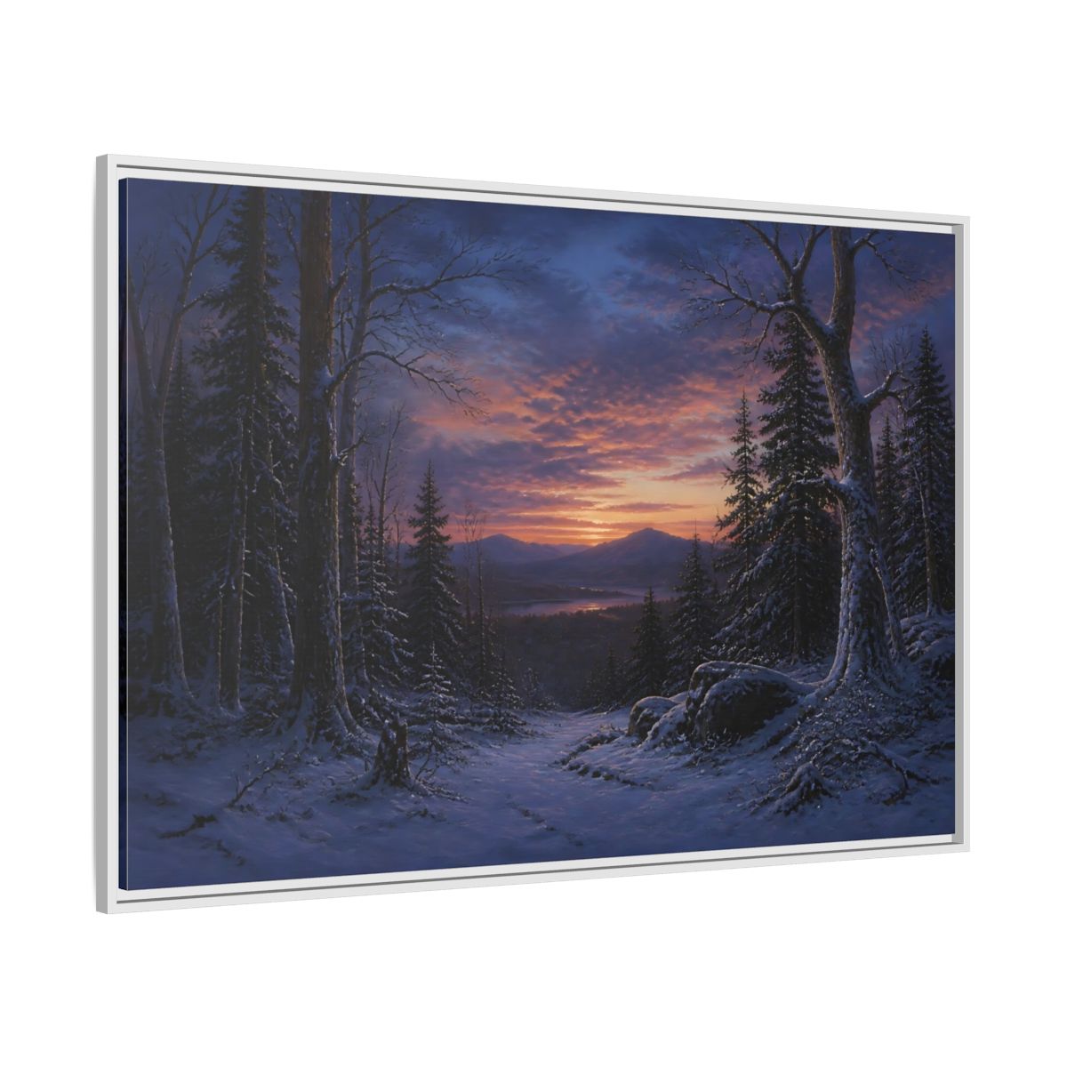 Side Mockup 7. Snowy Forest Sunset shown as framed canvas print