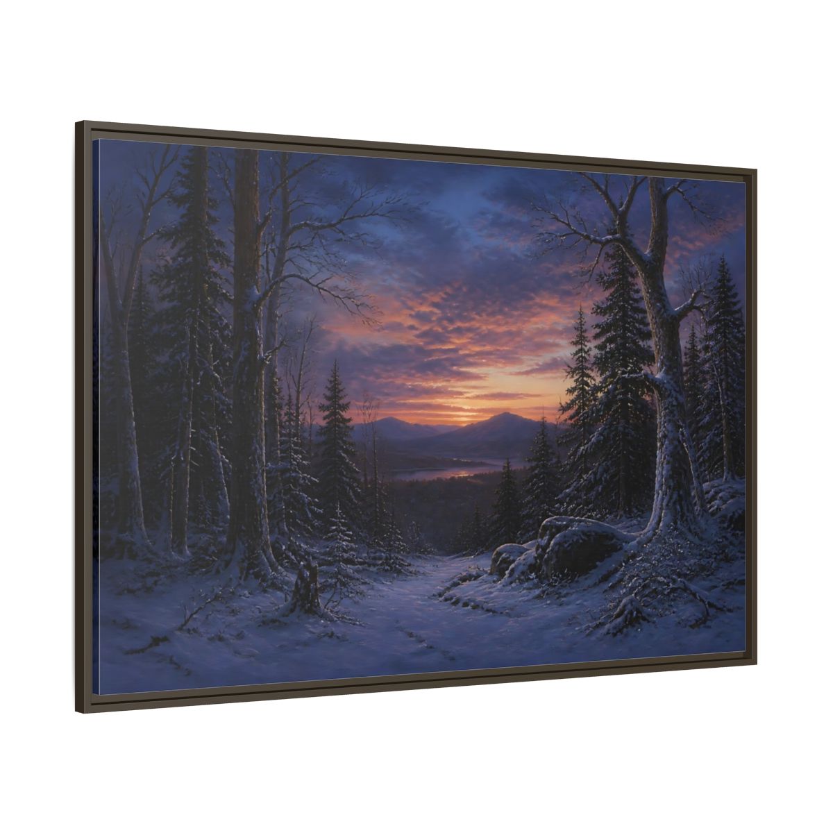 Side Mockup 8. Snowy Forest Sunset shown as framed canvas print