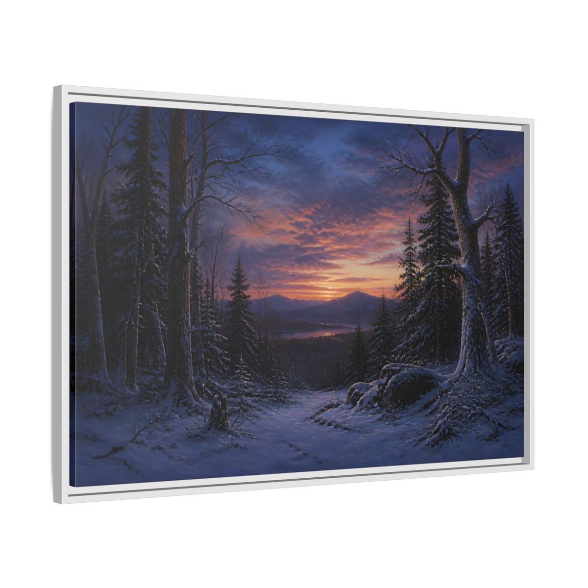 Side Mockup 9. Snowy Forest Sunset shown as framed canvas print