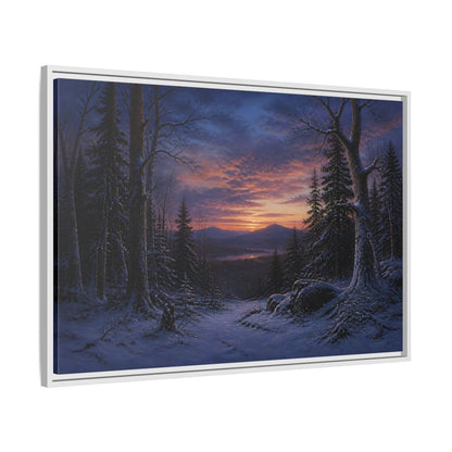Side Mockup 9. Snowy Forest Sunset shown as framed canvas print