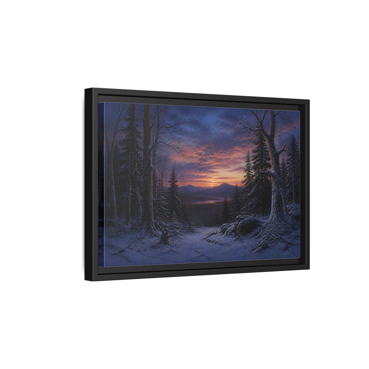 Side Mockup 6. Snowy Forest Sunset shown as framed canvas print