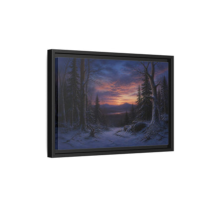 Side Mockup 6. Snowy Forest Sunset shown as framed canvas print