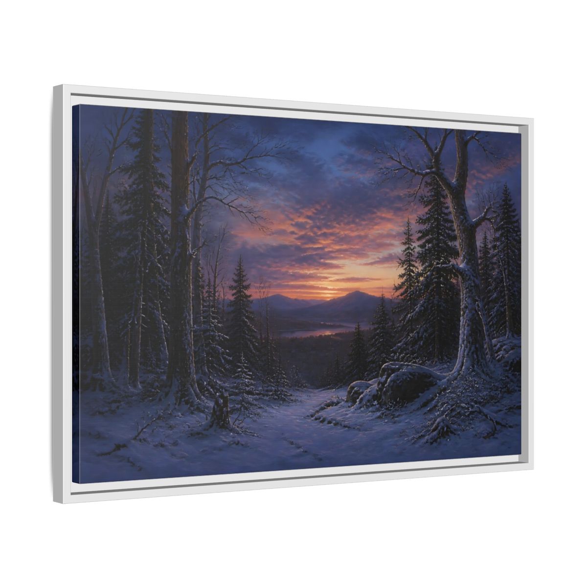 Side Mockup 10. Snowy Forest Sunset shown as framed canvas print