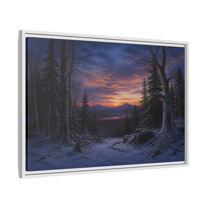 Side Mockup 10. Snowy Forest Sunset shown as framed canvas print