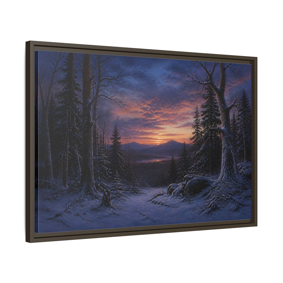 Side Mockup 11. Snowy Forest Sunset shown as framed canvas print