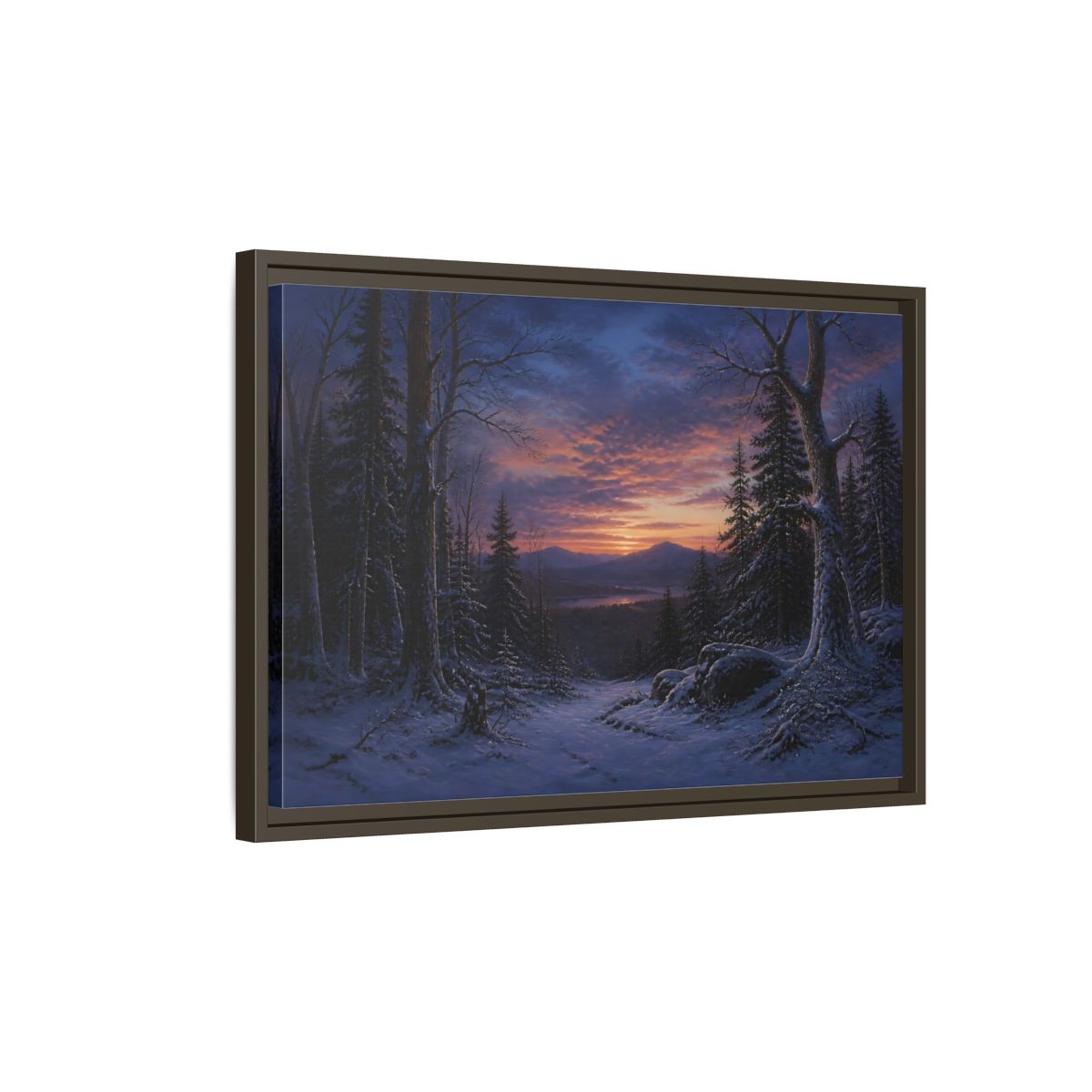 Side Mockup 2. Snowy Forest Sunset shown as framed canvas print