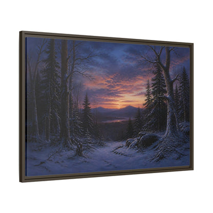 Main Mockup. Snowy Forest Sunset shown as framed canvas print
