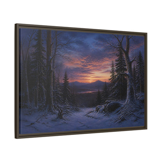 Main Mockup. Snowy Forest Sunset shown as framed canvas print