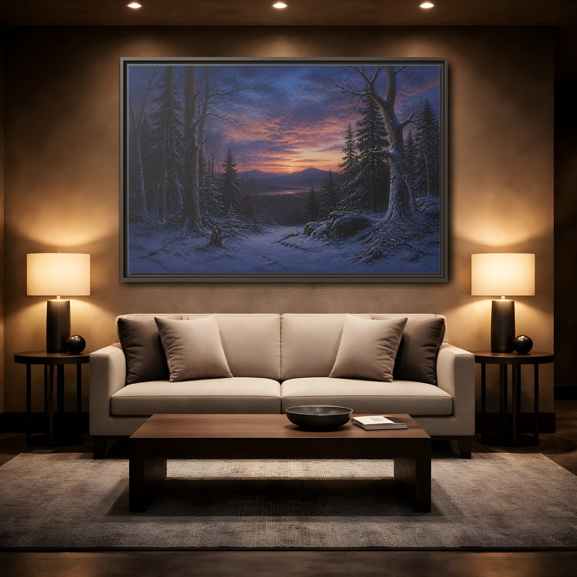 Mockup 2. Snowy Forest Sunset shown as framed canvas print