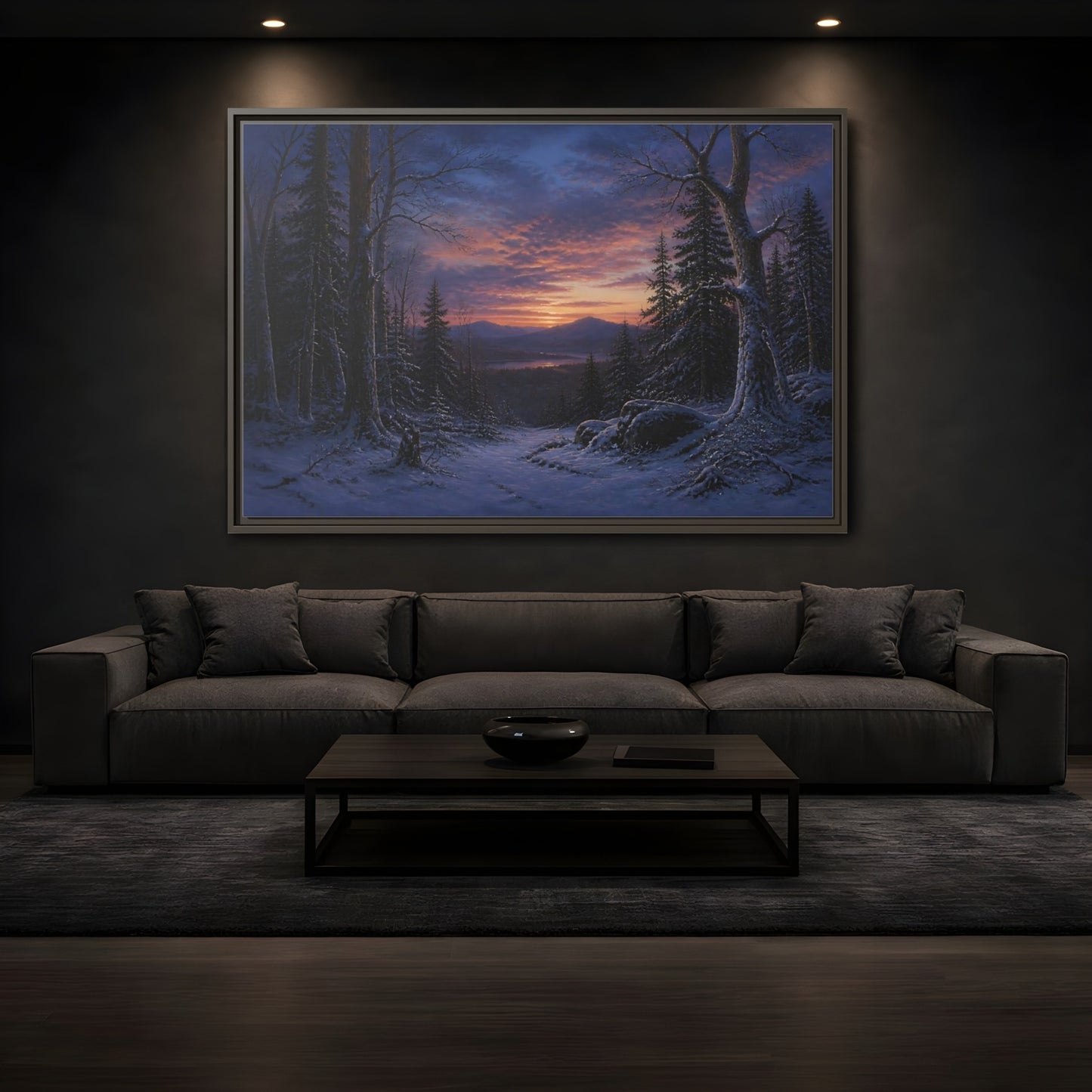 Mockup 3. Snowy Forest Sunset shown as framed canvas print
