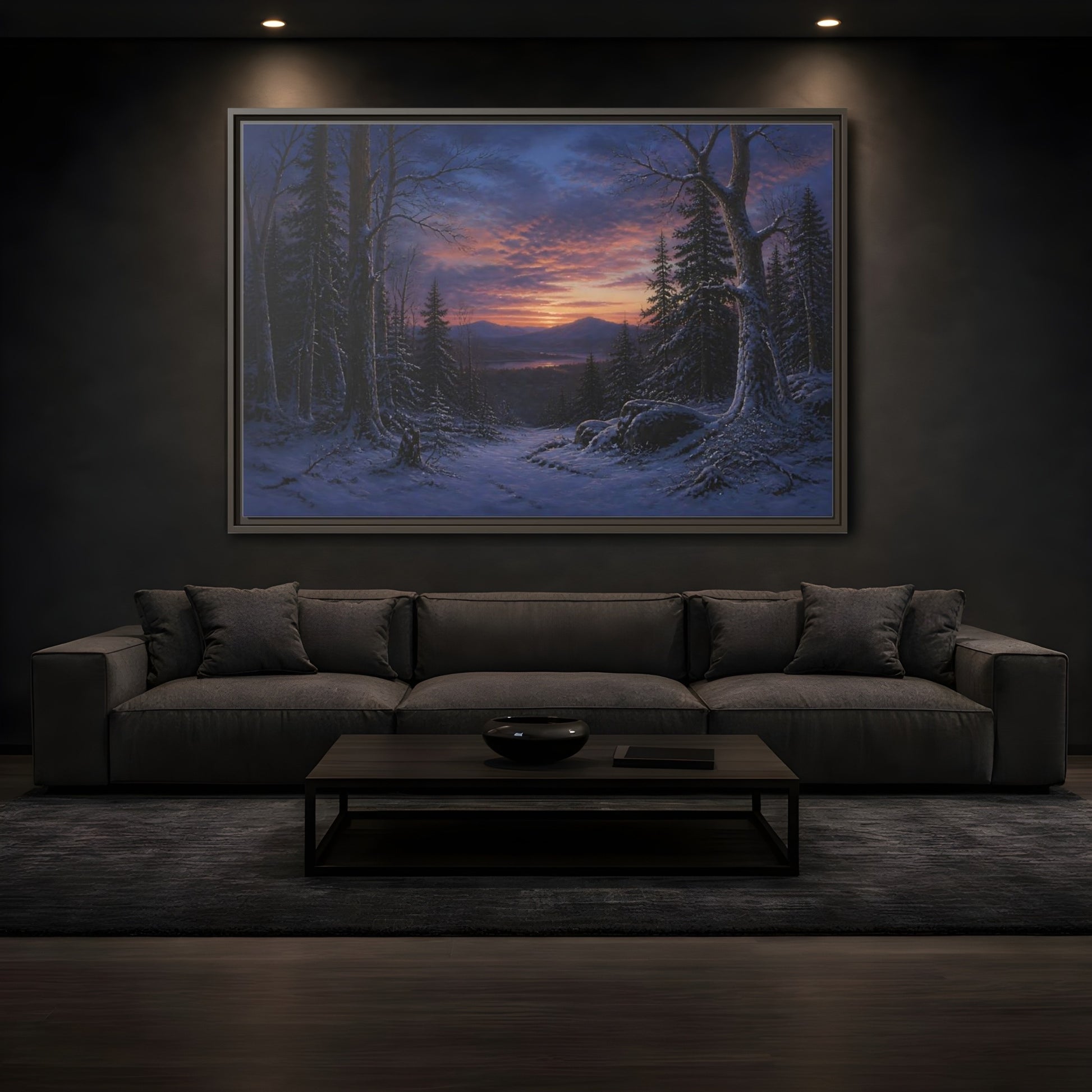 Mockup 3. Snowy Forest Sunset shown as framed canvas print