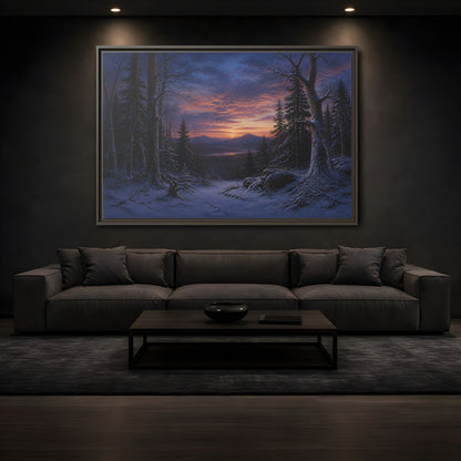 Mockup 3. Snowy Forest Sunset shown as framed canvas print