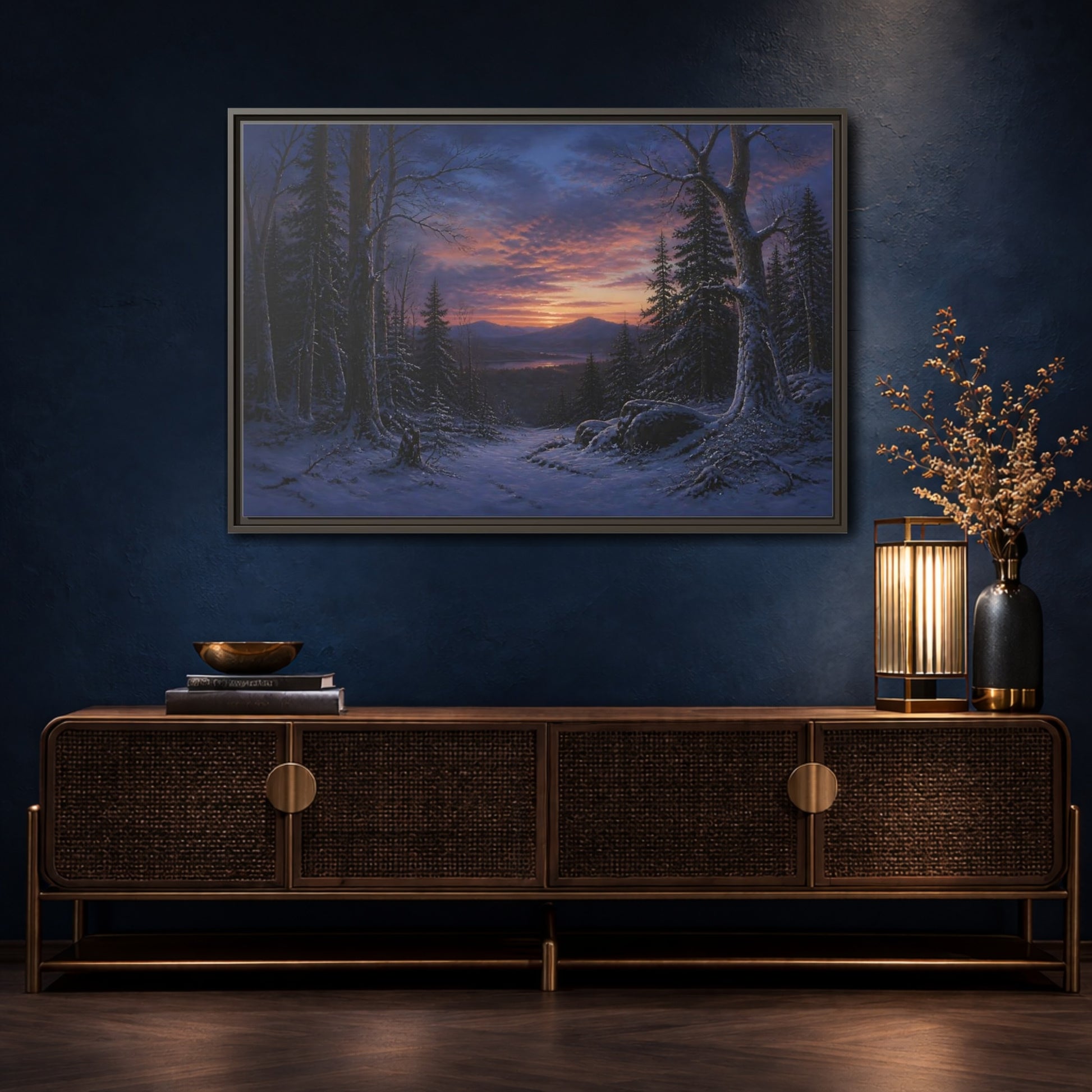 Mockup 4. Snowy Forest Sunset shown as framed canvas print