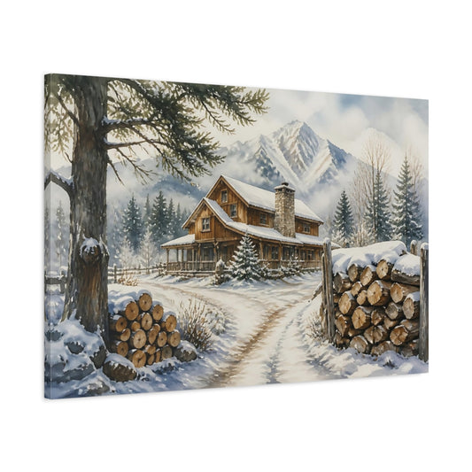 Main Mockup. Snowy Mountain Cabin shown as canvas print