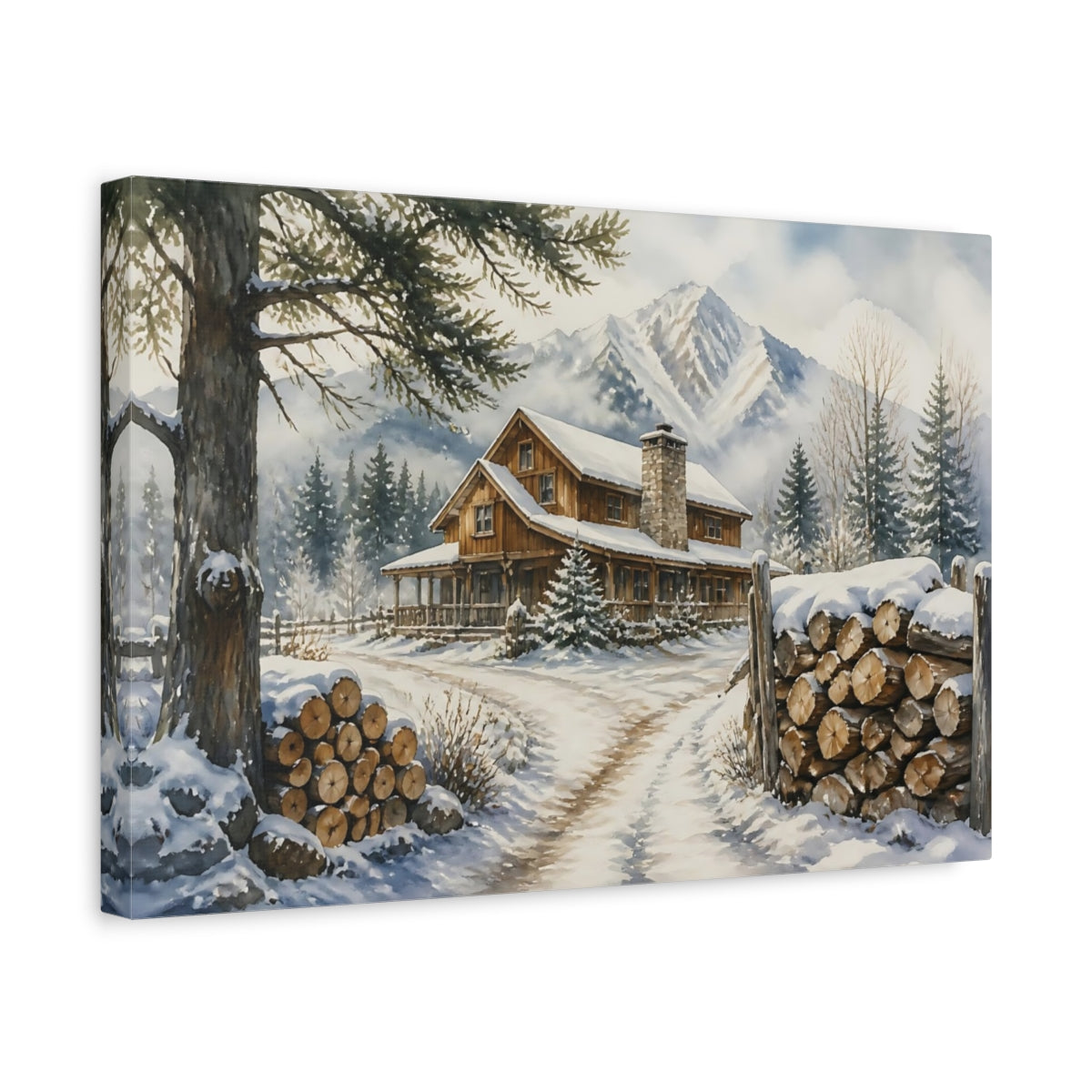 Side Mockup 4. Snowy Mountain Cabin shown as canvas print