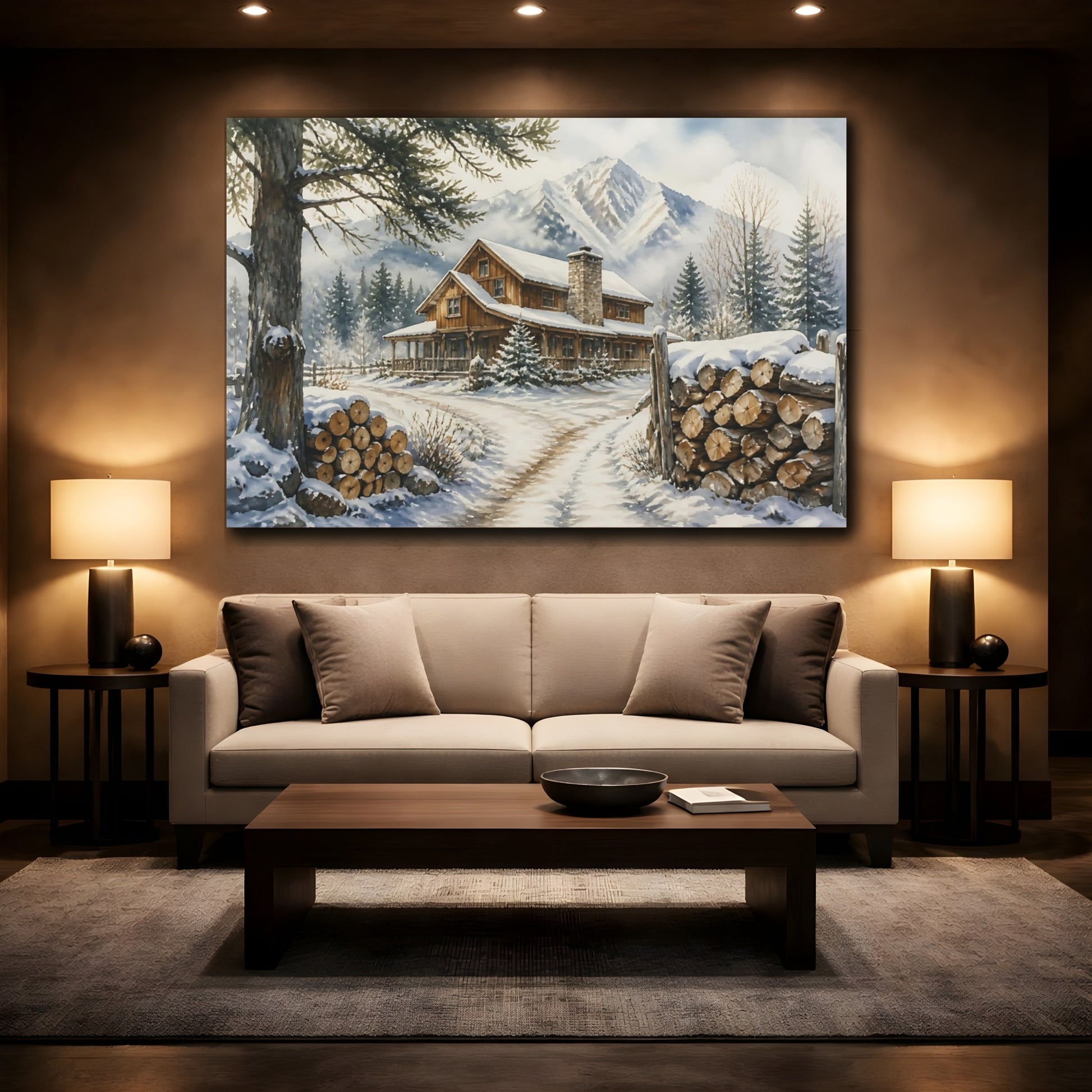 Mockup 2. Snowy Mountain Cabin shown as canvas print