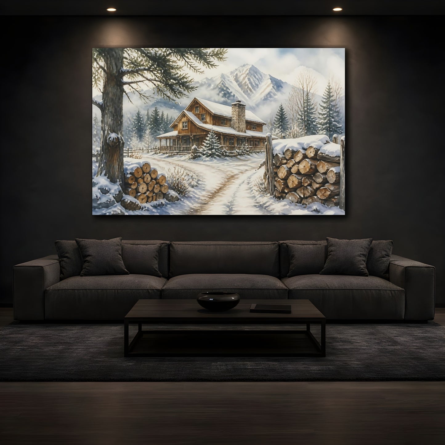 Mockup 3. Snowy Mountain Cabin shown as canvas print