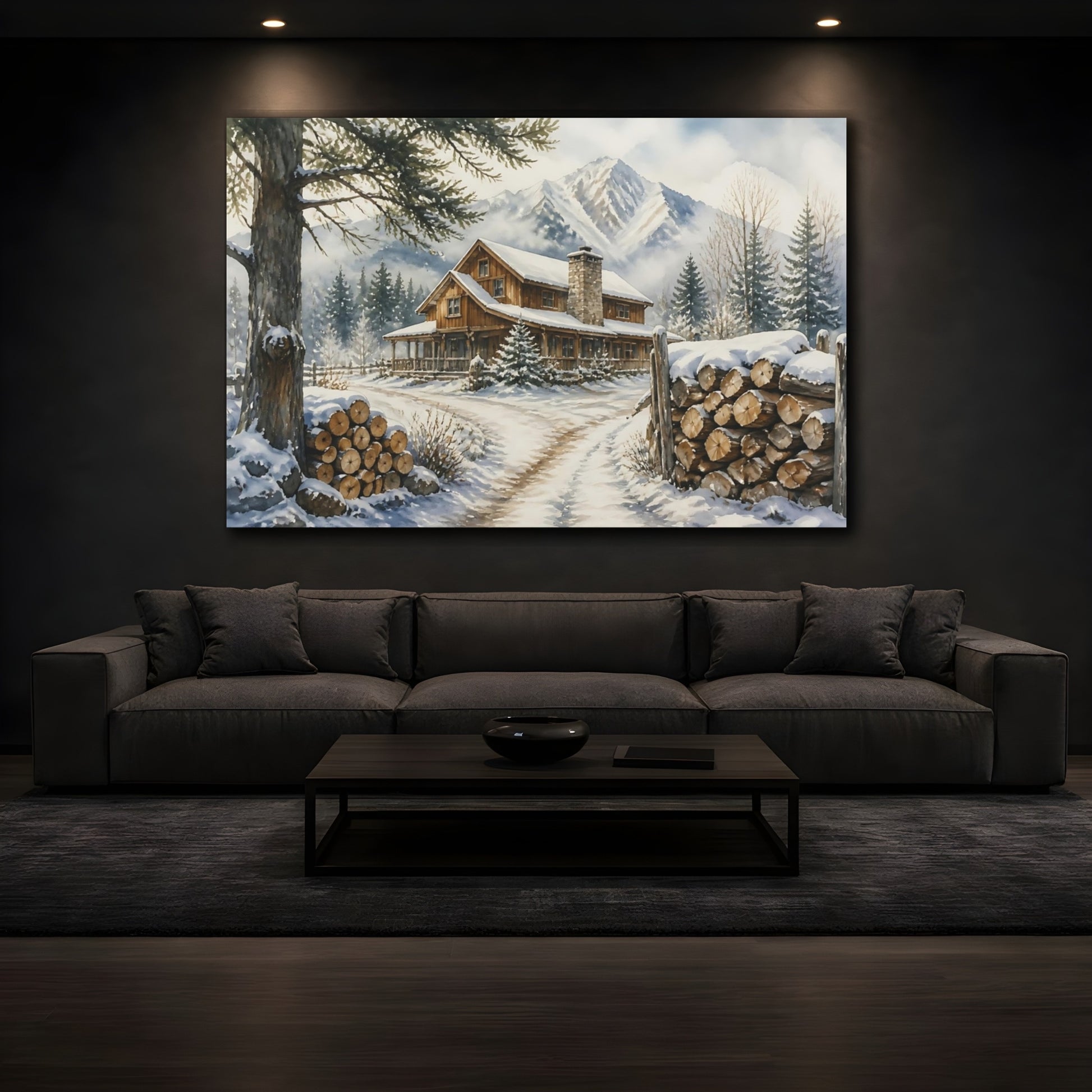 Mockup 3. Snowy Mountain Cabin shown as canvas print