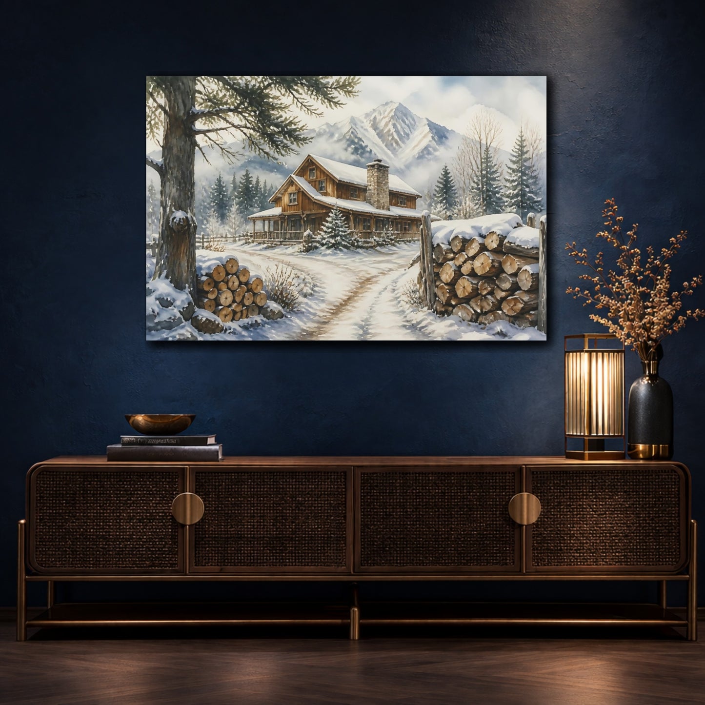 Mockup 4. Snowy Mountain Cabin shown as canvas print