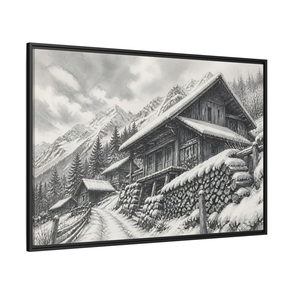 Side Mockup 12. Snowy Mountain Farmhouse shown as framed canvas print