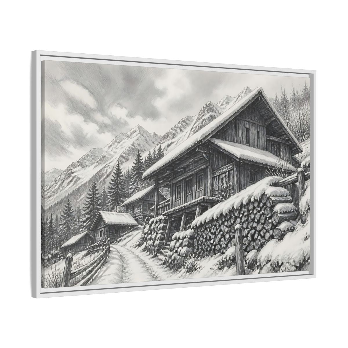 Side Mockup 9. Snowy Mountain Farmhouse shown as framed canvas print