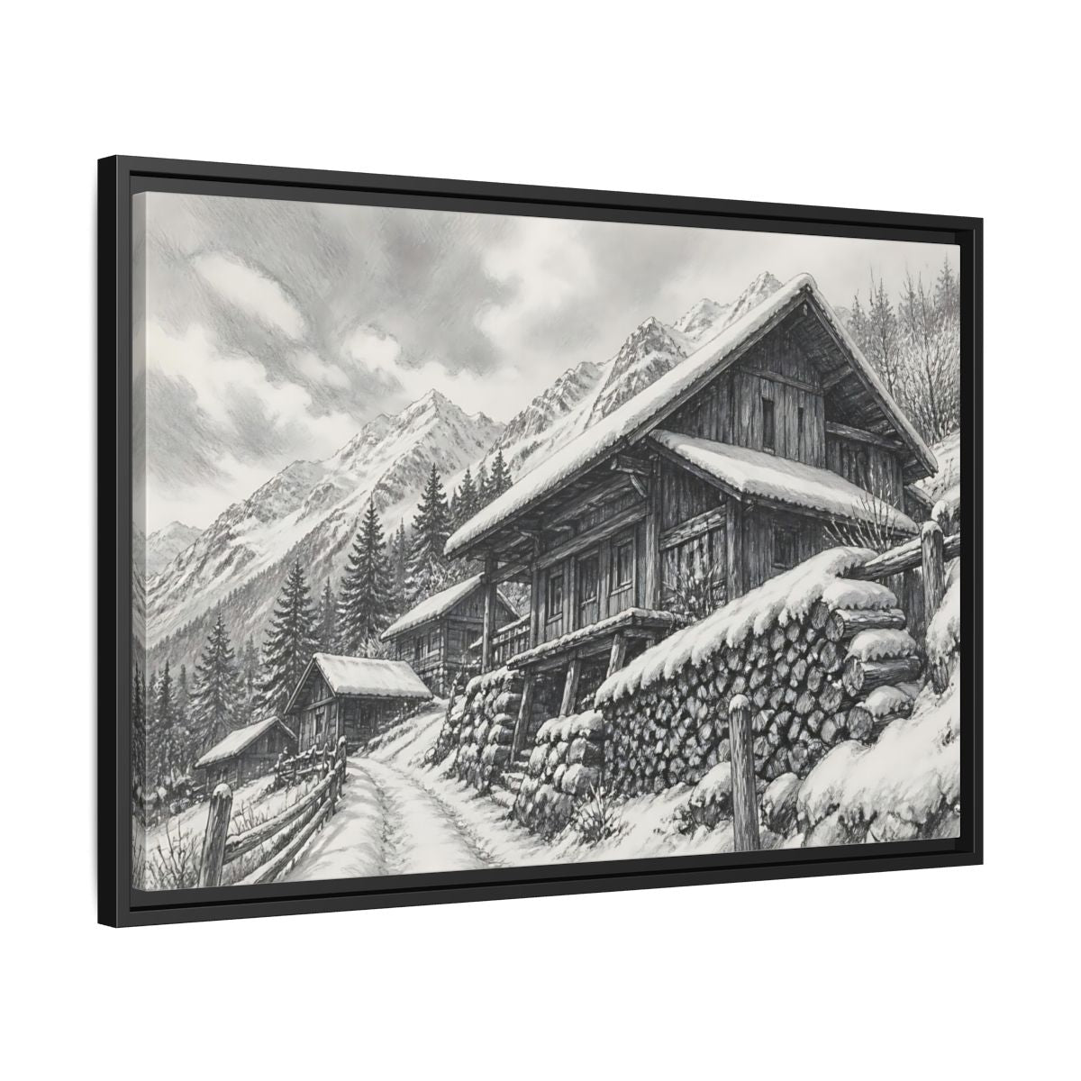 Side Mockup 14. Snowy Mountain Farmhouse shown as framed canvas print
