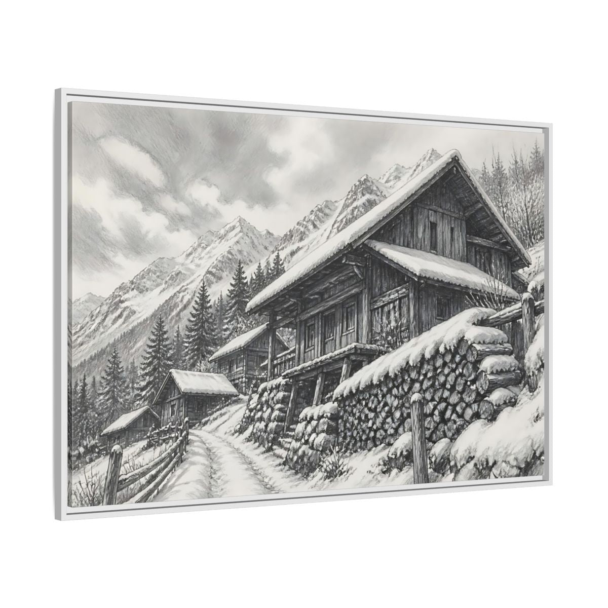Side Mockup 7. Snowy Mountain Farmhouse shown as framed canvas print