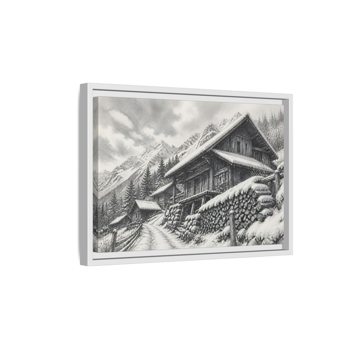 Side Mockup 4. Snowy Mountain Farmhouse shown as framed canvas print